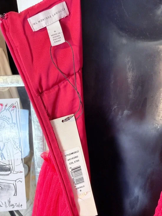 NWT ML Monique Lhuillier Tiered Tulle Maxi Dress Cherry Pink Size 8 - Picture 2 of 14